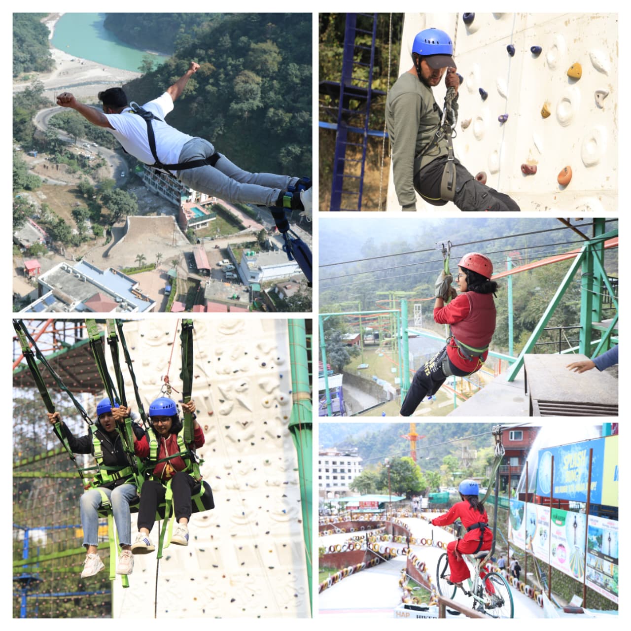Collage of thrilling adventure sports in India including bungee jumping, zip-lining, rock climbing, giant swing, and sky cycling.