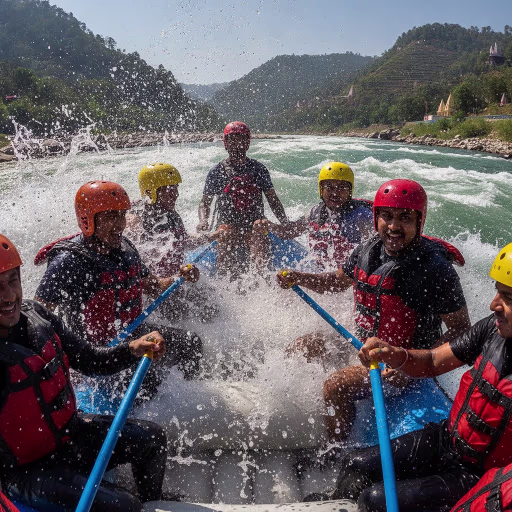 River rafting in Rishikesh through white-water rapids on the Ganga
