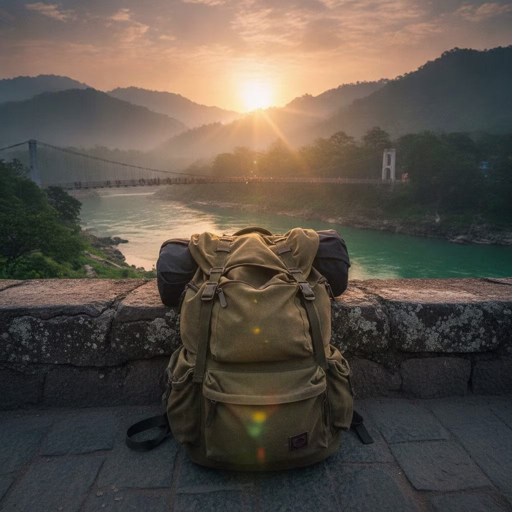 How to reach Rishikesh: a traveller with a backpack near the Ganges and green hills of Rishikesh