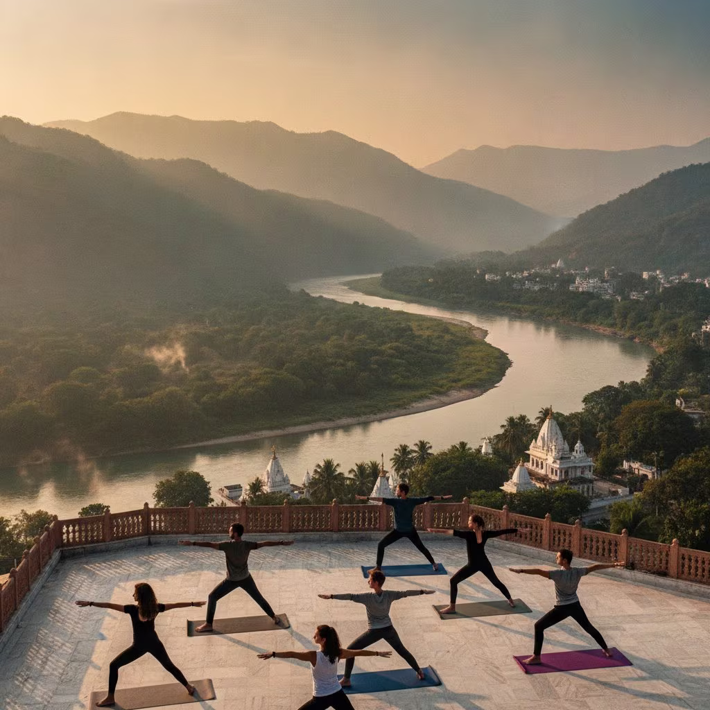 How to reach rishikesh: Rishikesh rooftop yoga class  students in Warrior II pose, the Ganges and green hills stretching to