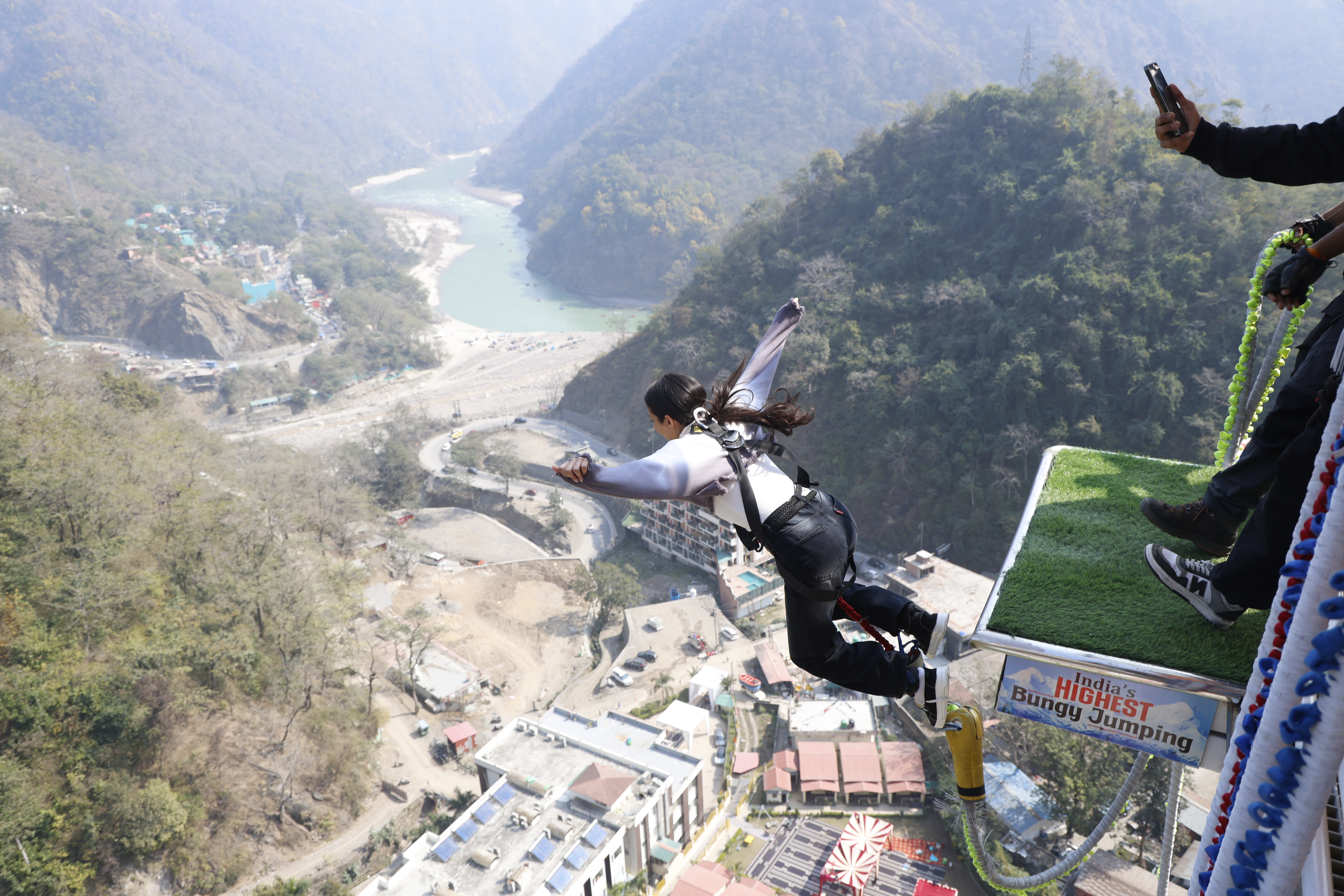 A girl bungee jumping in Rishikesh