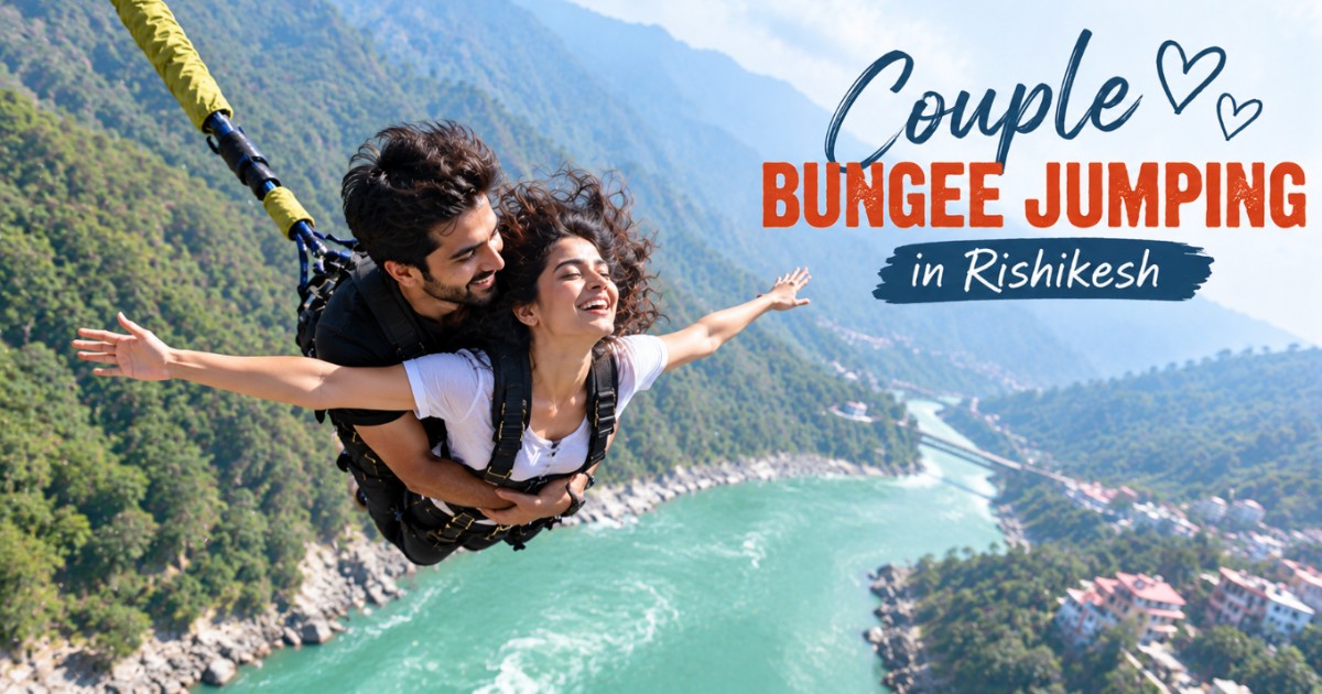 Couple bungee jumping in Rishikesh while holding each other