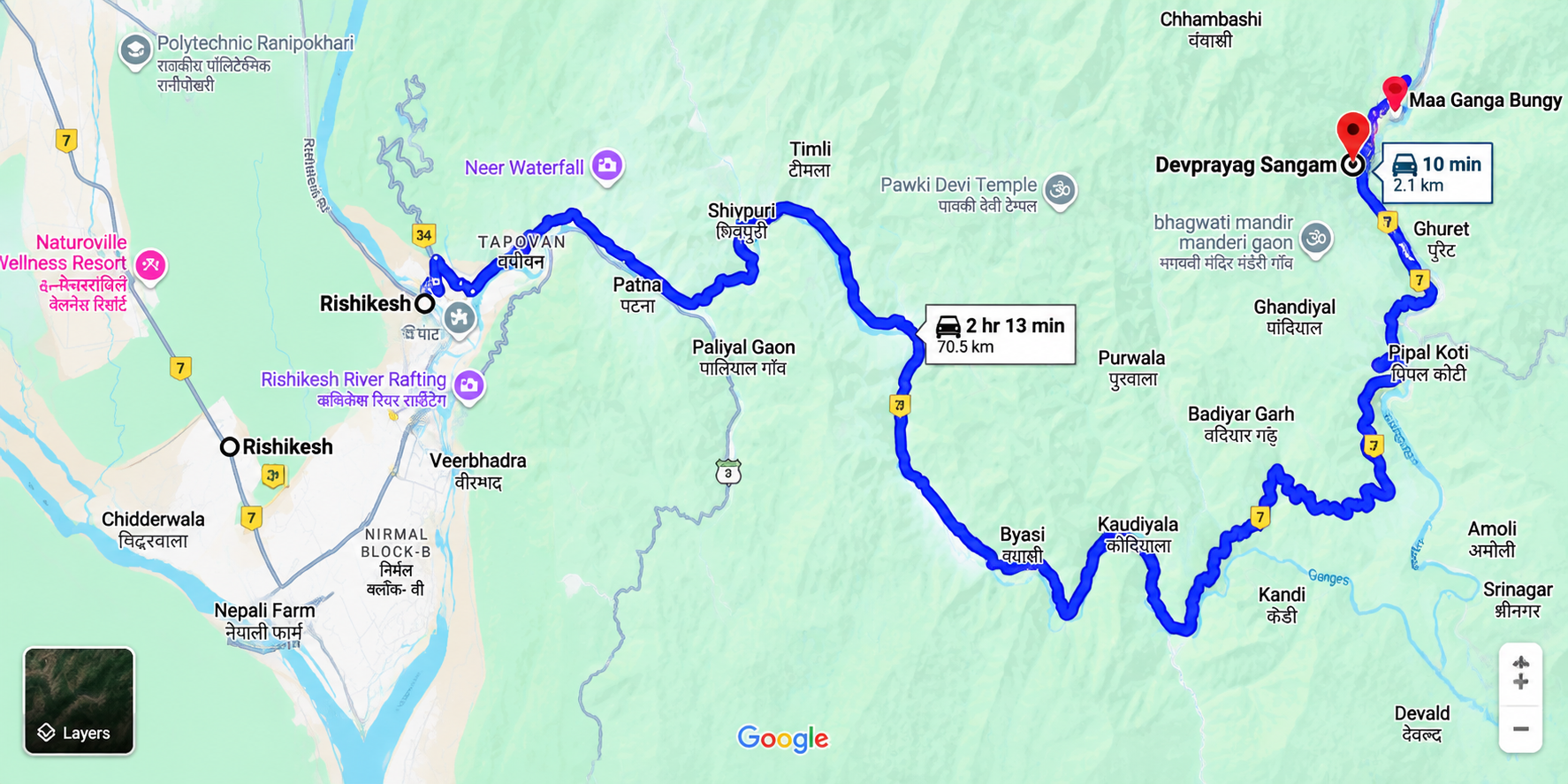 Rishikesh to Maa Ganga Bungy route map with distance