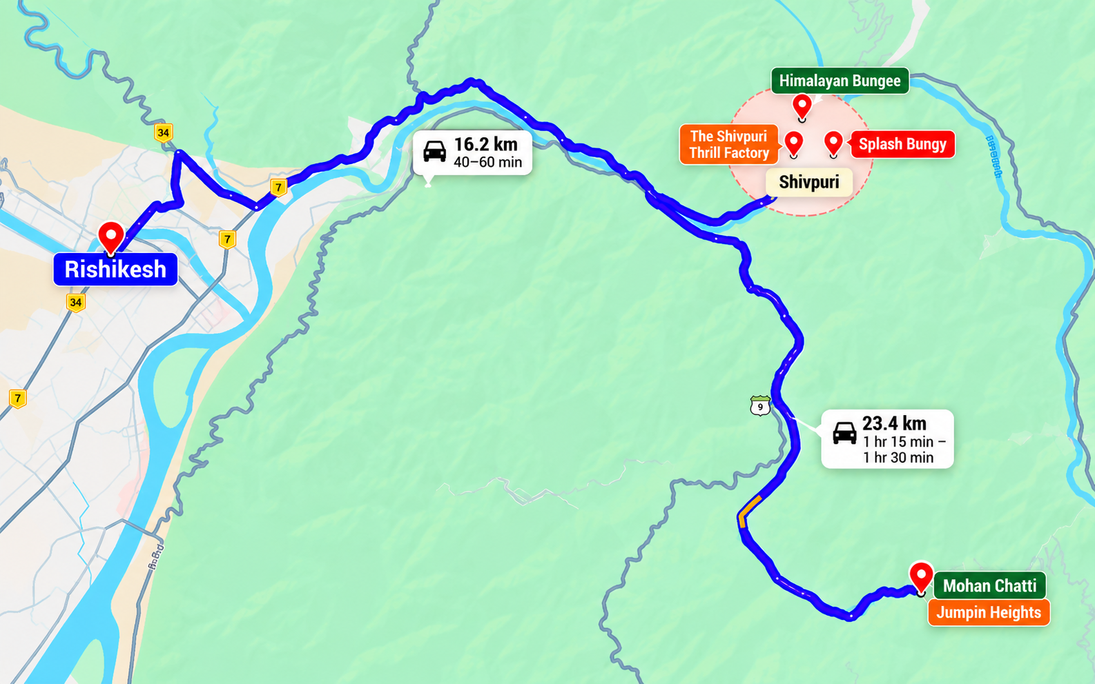 Map showing bungee jumping locations in Rishikesh, Shivpuri and Mohan Chatti