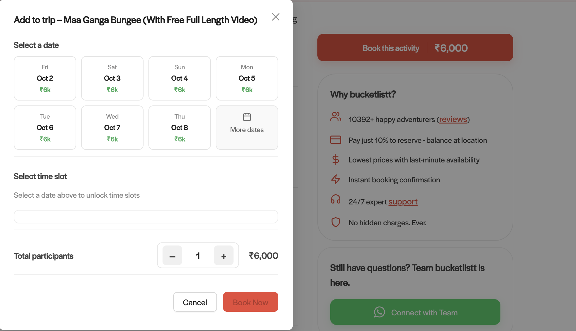 Maa Ganga Bungy booking page showing date, time slot, and ₹6,000 price