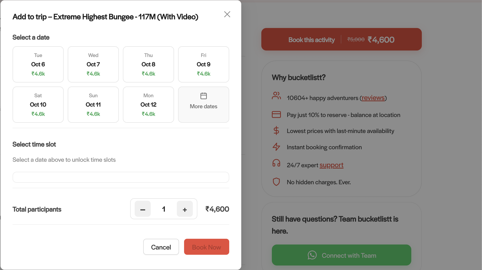 117m bungee jumping Rishikesh booking page showing ₹4,600 price and date selection