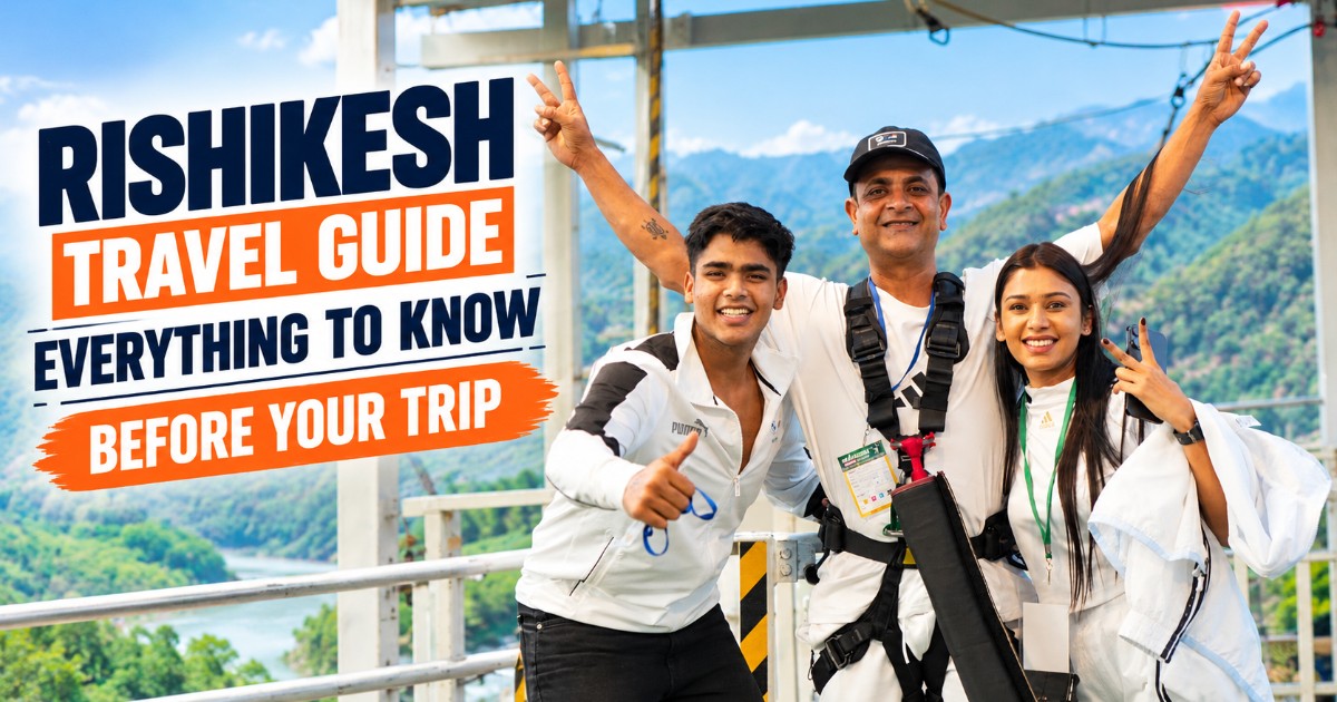 Rishikesh travel guide banner with a group at an adventure platform in the mountains