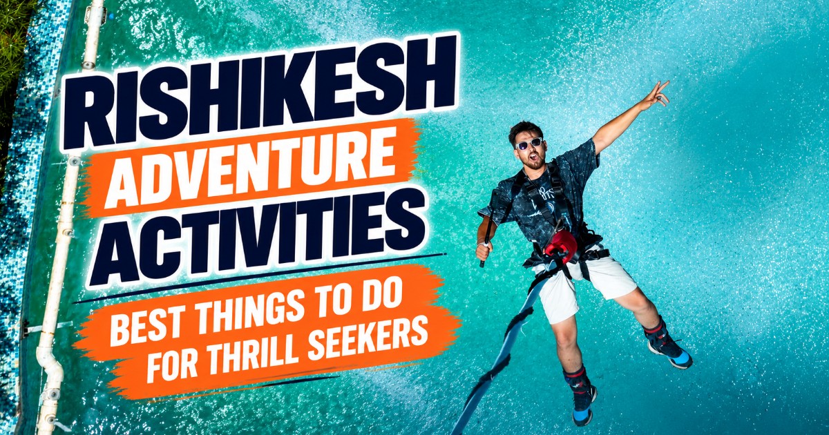 Rishikesh adventure activities featuring a man bungee jumping over turquoise water.